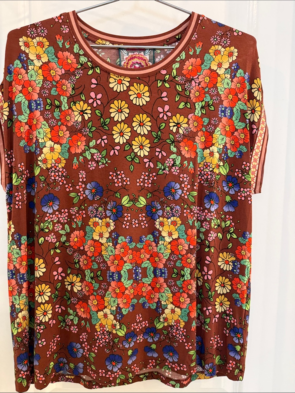 Johnny Was Brown Floral Short Sleeve Tee with Multicolor Blooms